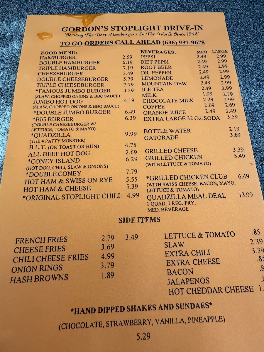 Menu Gordon's Stop Light Drive In-1