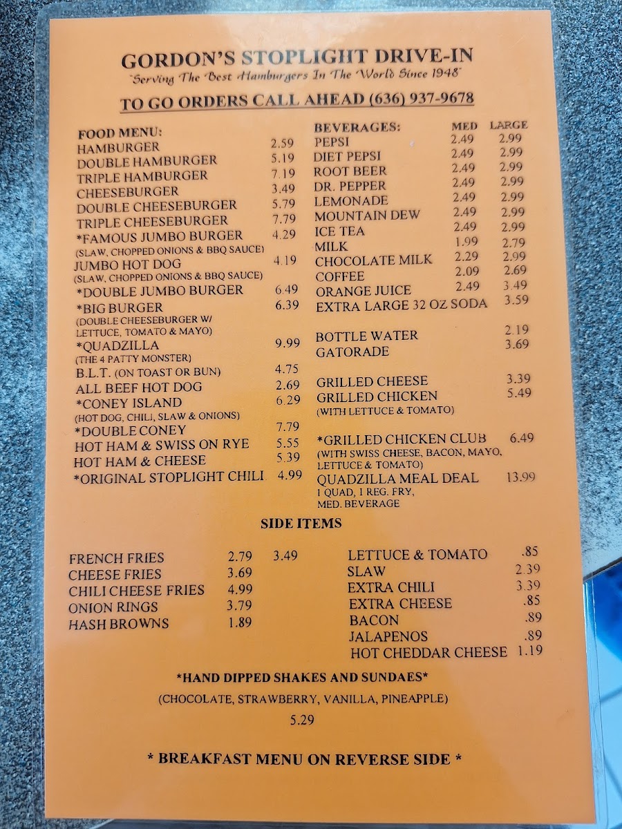 Menu Gordon's Stop Light Drive In-7